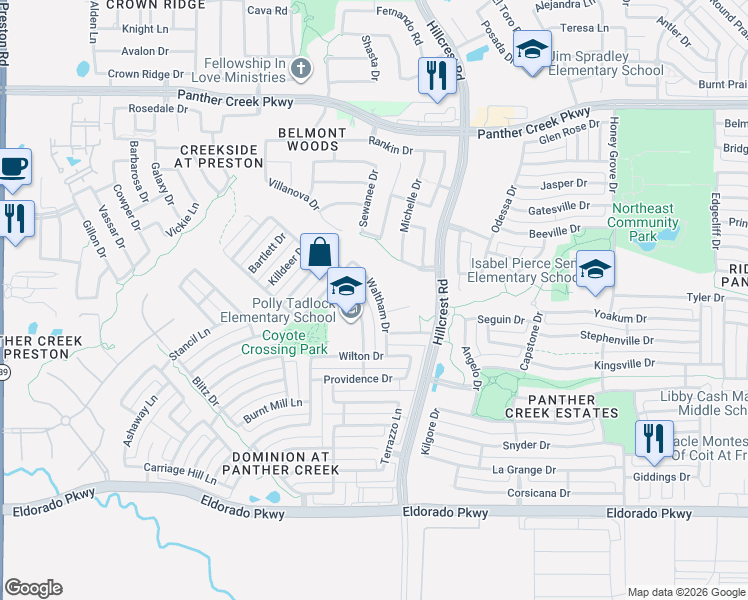 map of restaurants, bars, coffee shops, grocery stores, and more near 12584 Godfrey Drive in Frisco