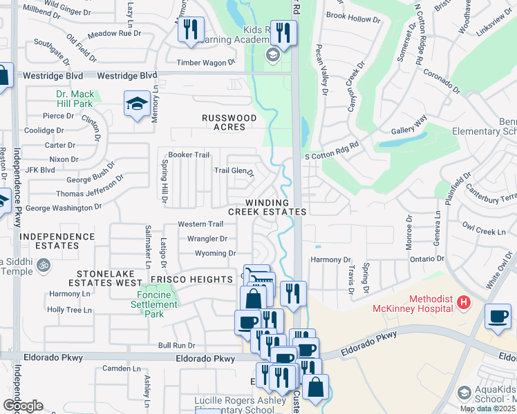 map of restaurants, bars, coffee shops, grocery stores, and more near 12702 Winding Creek Drive in Frisco