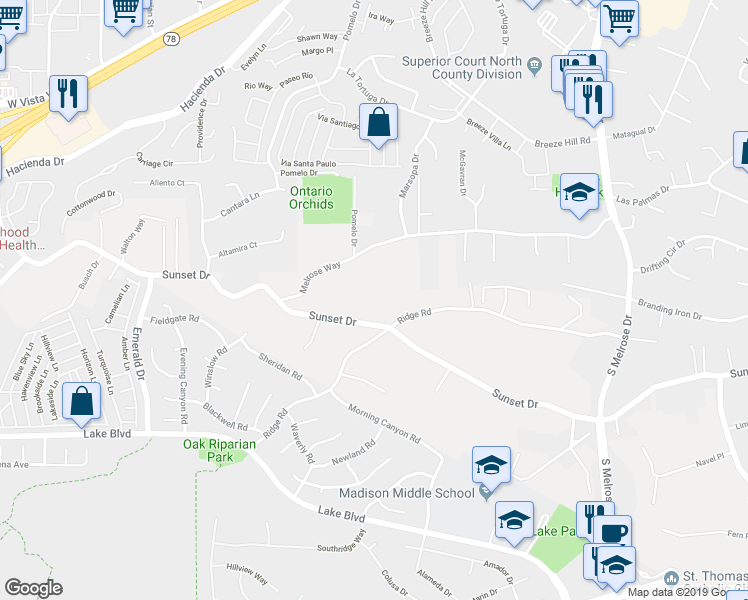 map of restaurants, bars, coffee shops, grocery stores, and more near 1629 Sunset Drive in Vista