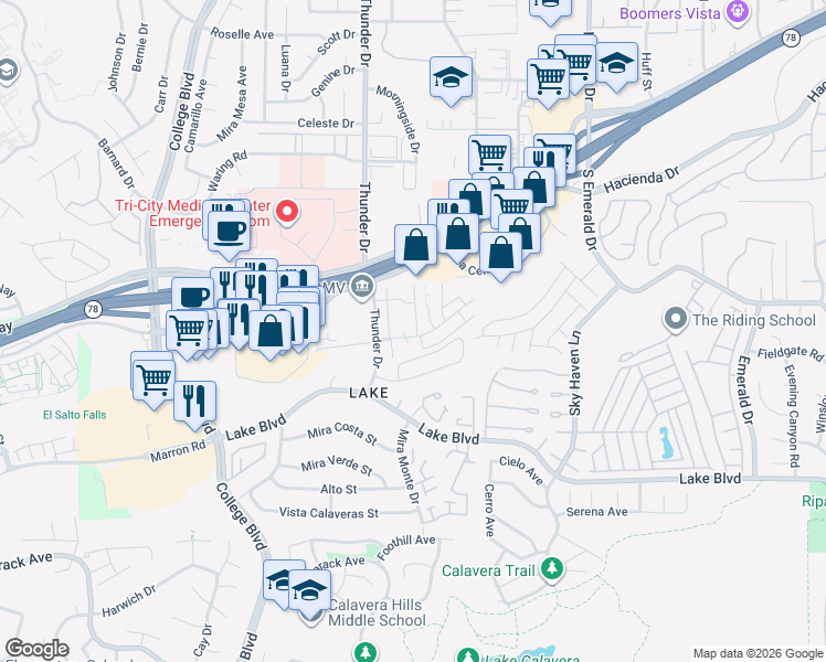map of restaurants, bars, coffee shops, grocery stores, and more near 4121 Tiberon Drive in Oceanside