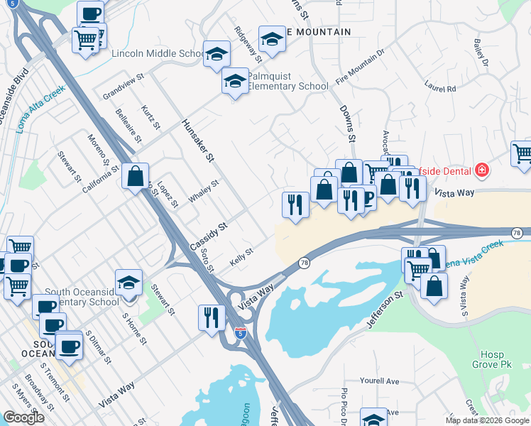 map of restaurants, bars, coffee shops, grocery stores, and more near 1824 Hunsaker Street in Oceanside