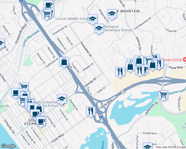 map of restaurants, bars, coffee shops, grocery stores, and more near 1602 Cassidy Street in Oceanside