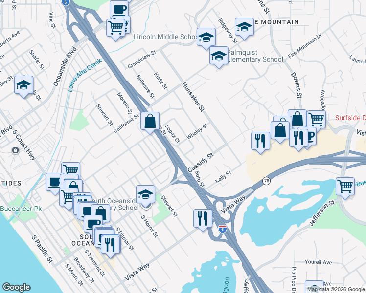 map of restaurants, bars, coffee shops, grocery stores, and more near 1500 Lauralynn Place in Oceanside