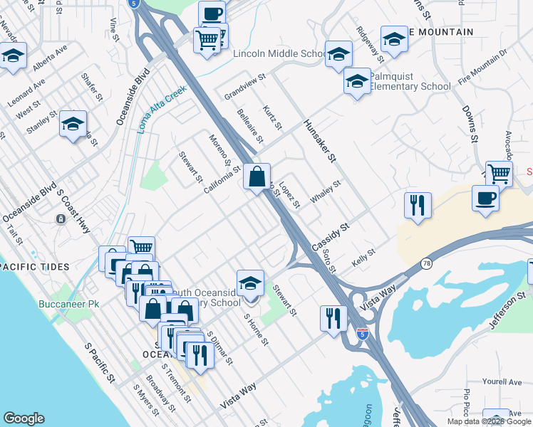 map of restaurants, bars, coffee shops, grocery stores, and more near 1632 Burroughs Street in Oceanside