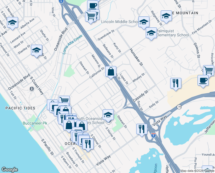 map of restaurants, bars, coffee shops, grocery stores, and more near 1632 Burroughs Street in Oceanside
