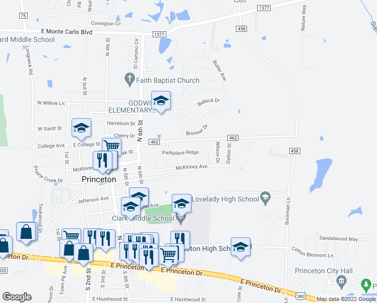 map of restaurants, bars, coffee shops, grocery stores, and more near 805 10th Street in Princeton