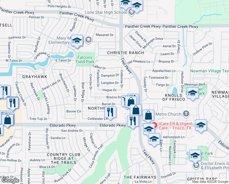 map of restaurants, bars, coffee shops, grocery stores, and more near 2226 Brazos Drive in Frisco