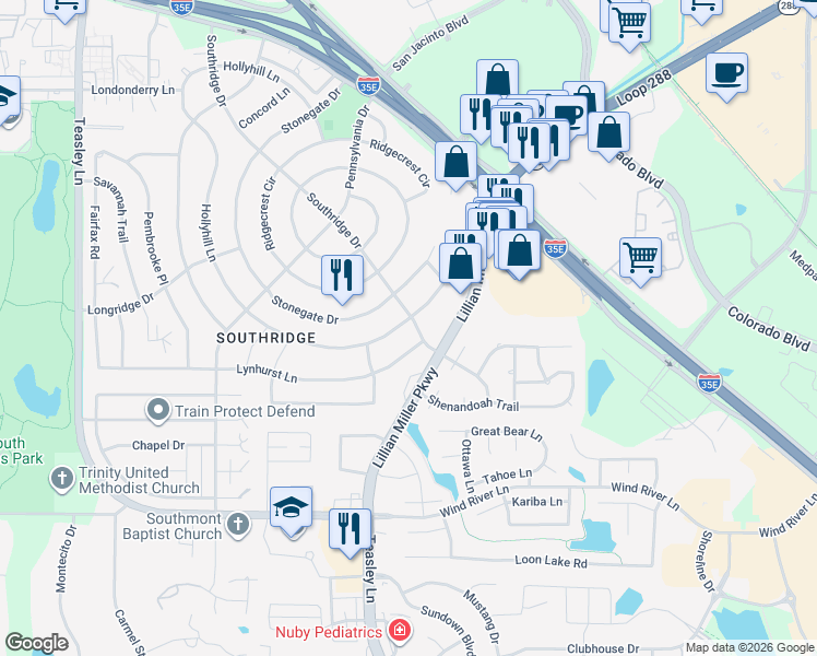 map of restaurants, bars, coffee shops, grocery stores, and more near 1709 Lynhurst Lane in Denton