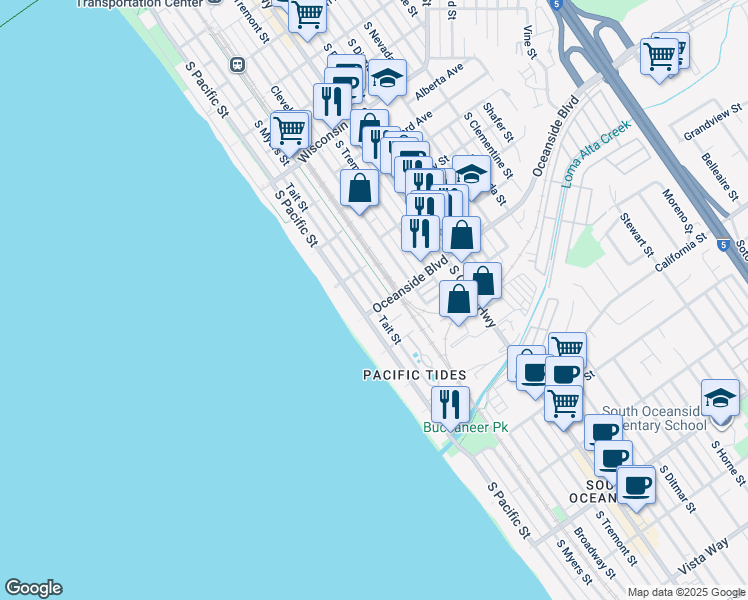 map of restaurants, bars, coffee shops, grocery stores, and more near 202 Oceanside Boulevard in Oceanside