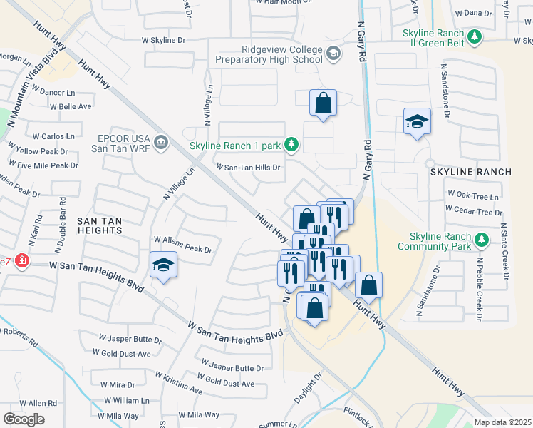 map of restaurants, bars, coffee shops, grocery stores, and more near 1895 West Desert Seasons Drive in Queen Creek