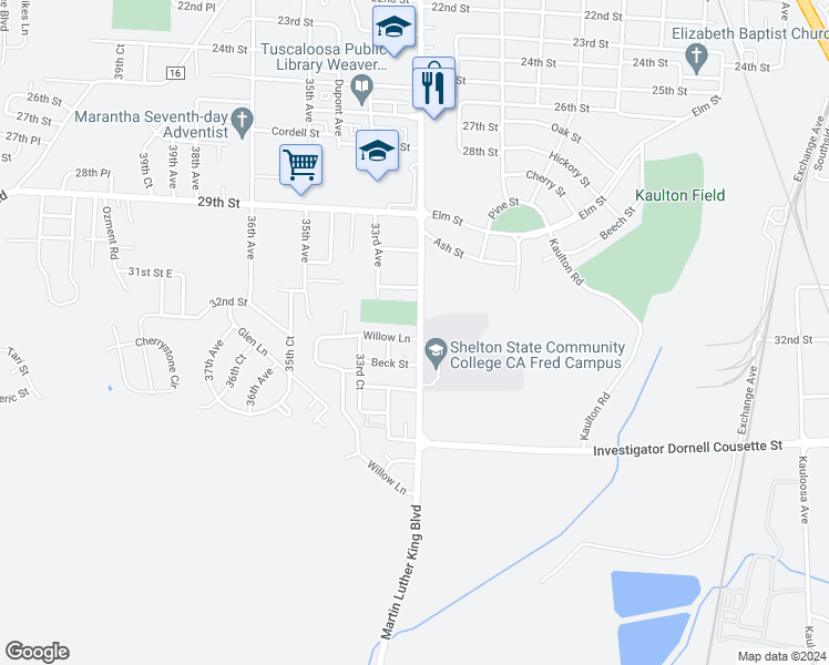 map of restaurants, bars, coffee shops, grocery stores, and more near 3240 Martin Luther King Junior Boulevard in Tuscaloosa