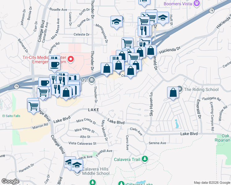 map of restaurants, bars, coffee shops, grocery stores, and more near 4195 Tiberon Drive in Oceanside