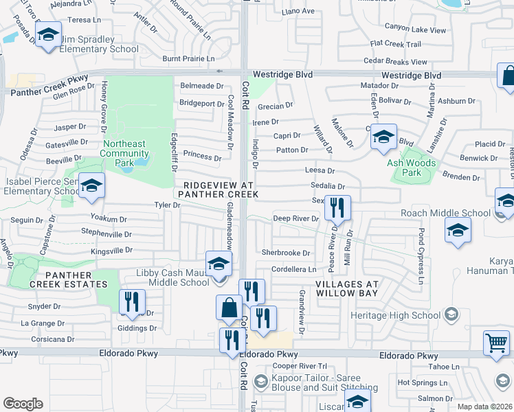 map of restaurants, bars, coffee shops, grocery stores, and more near 12890 Deep River Drive in Frisco