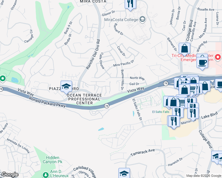 map of restaurants, bars, coffee shops, grocery stores, and more near 3460 Vista Way in Oceanside
