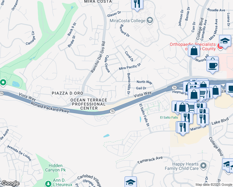 map of restaurants, bars, coffee shops, grocery stores, and more near 3573 Paseo De Los Californianos in Oceanside