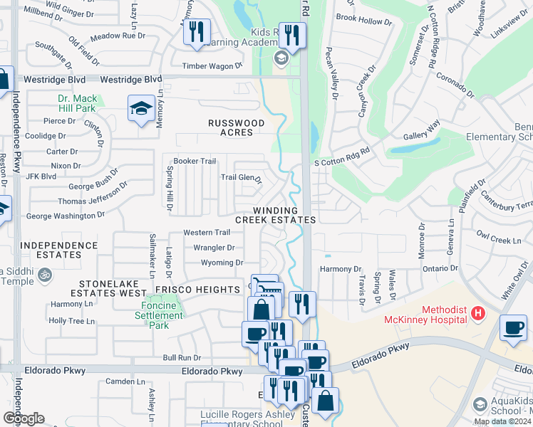 map of restaurants, bars, coffee shops, grocery stores, and more near 12702 Winding Creek Drive in Frisco