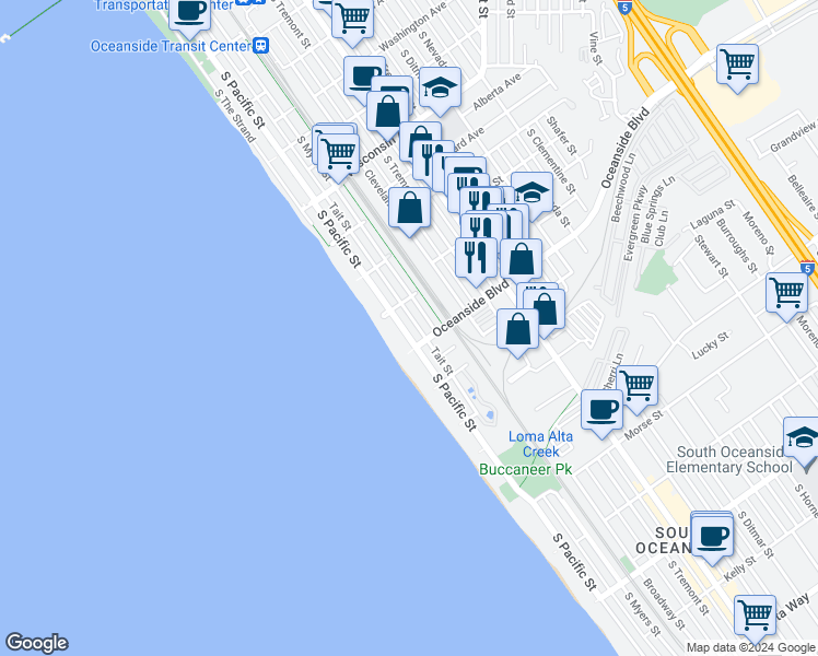 map of restaurants, bars, coffee shops, grocery stores, and more near 1120 South Pacific Street in Oceanside