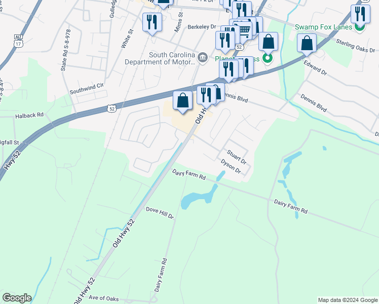 map of restaurants, bars, coffee shops, grocery stores, and more near 1022 Old U.S. 52 in Moncks Corner