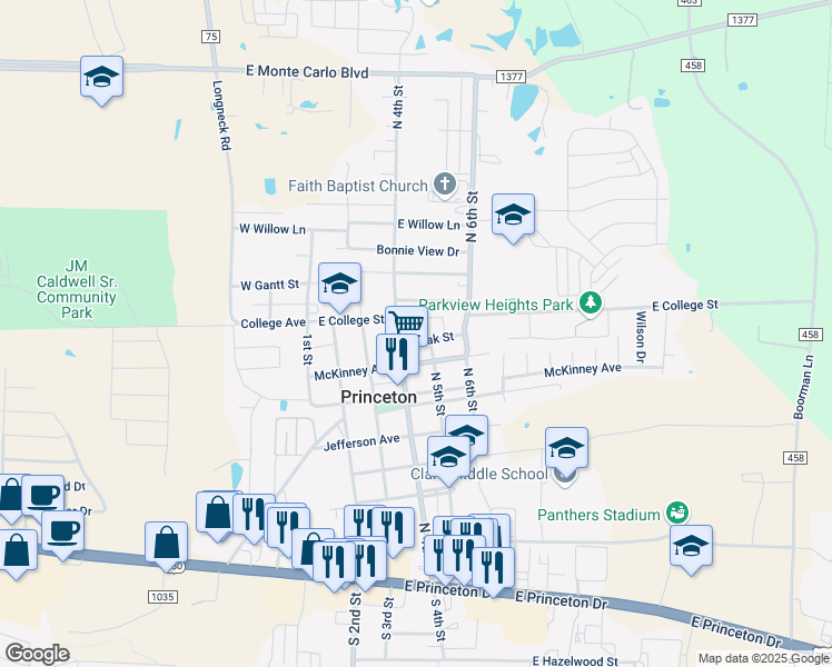 map of restaurants, bars, coffee shops, grocery stores, and more near 414 McKinney Avenue in Princeton