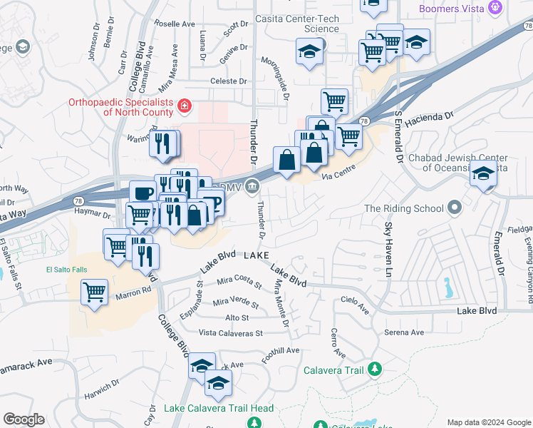 map of restaurants, bars, coffee shops, grocery stores, and more near 3466 Thunder Drive in Oceanside