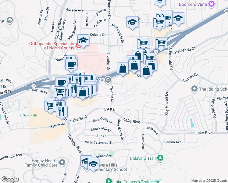 map of restaurants, bars, coffee shops, grocery stores, and more near 3466 Thunder Drive in Oceanside