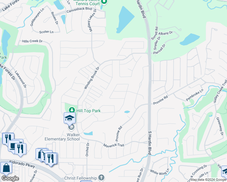 map of restaurants, bars, coffee shops, grocery stores, and more near Hastings Bluff in McKinney