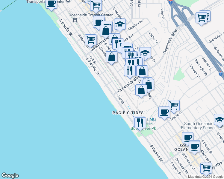 map of restaurants, bars, coffee shops, grocery stores, and more near 1129 South Pacific Street in Oceanside