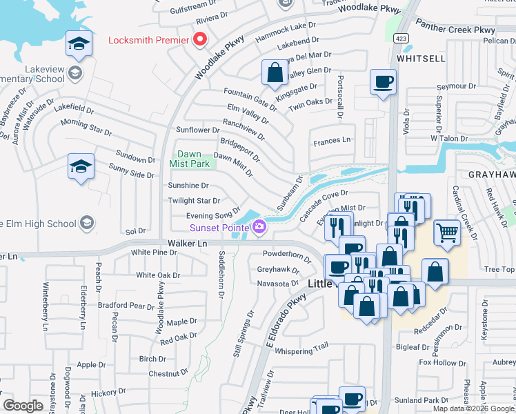 map of restaurants, bars, coffee shops, grocery stores, and more near 2456 Morning Dew Drive in Little Elm