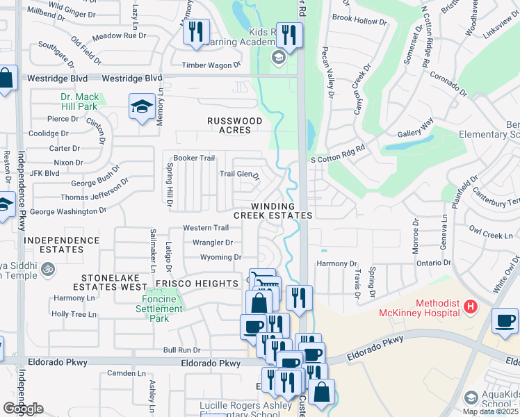 map of restaurants, bars, coffee shops, grocery stores, and more near 12701 Winding Creek Drive in Frisco