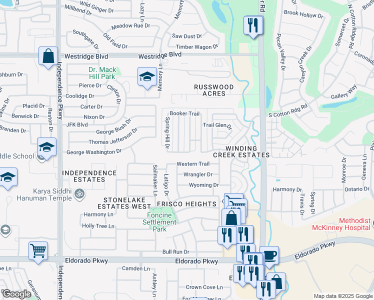 map of restaurants, bars, coffee shops, grocery stores, and more near 12735 Early Wood Drive in Frisco