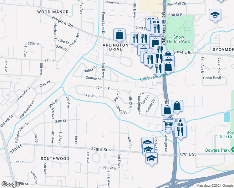 map of restaurants, bars, coffee shops, grocery stores, and more near 3014 3rd Court East in Tuscaloosa