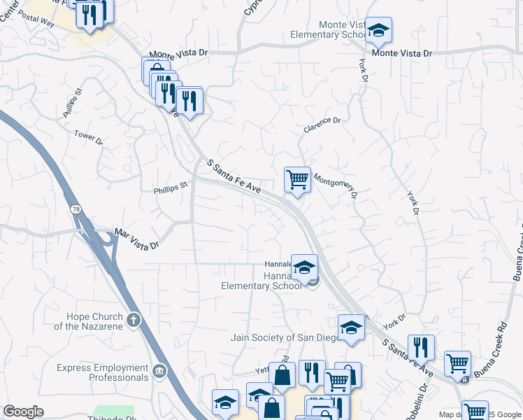 map of restaurants, bars, coffee shops, grocery stores, and more near 1503 Wingwood Lane in Vista