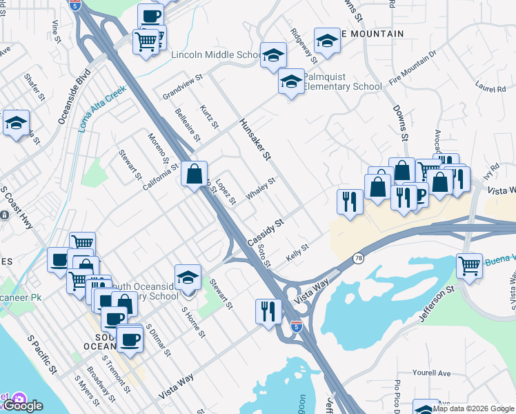 map of restaurants, bars, coffee shops, grocery stores, and more near 1714 Hicks Street in Oceanside