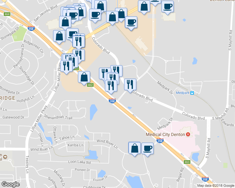 map of restaurants, bars, coffee shops, grocery stores, and more near 2415 South Interstate 35 East in Denton