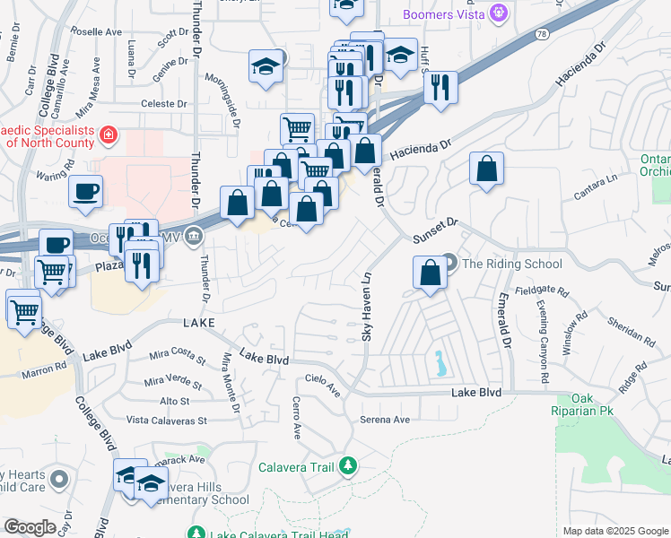 map of restaurants, bars, coffee shops, grocery stores, and more near 2130 Sunset Drive in Vista