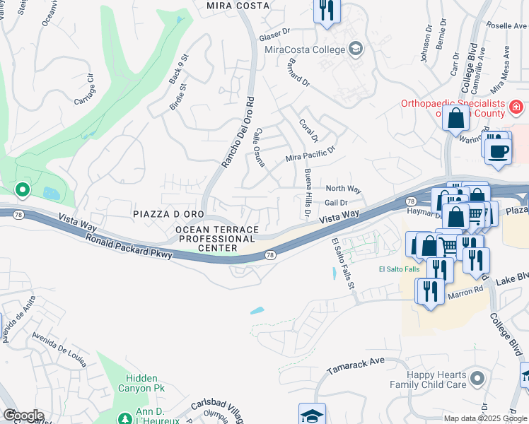 map of restaurants, bars, coffee shops, grocery stores, and more near 3541 Paseo De Francisco in Oceanside