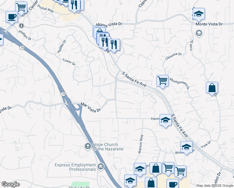 map of restaurants, bars, coffee shops, grocery stores, and more near 202 Hawthorne Circle in Vista