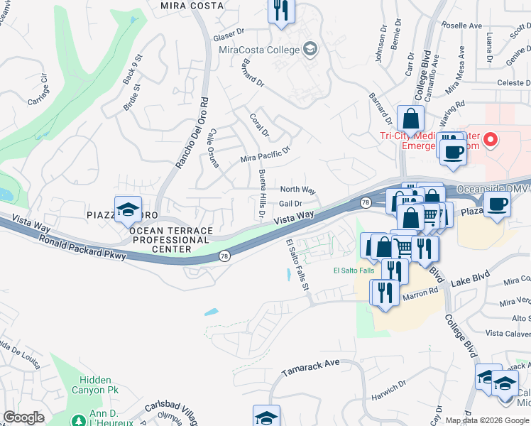 map of restaurants, bars, coffee shops, grocery stores, and more near 3726 Gail Drive in Oceanside
