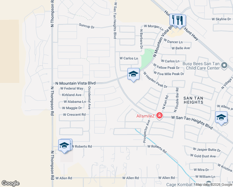 map of restaurants, bars, coffee shops, grocery stores, and more near 33421 West Belle Avenue in Queen Creek