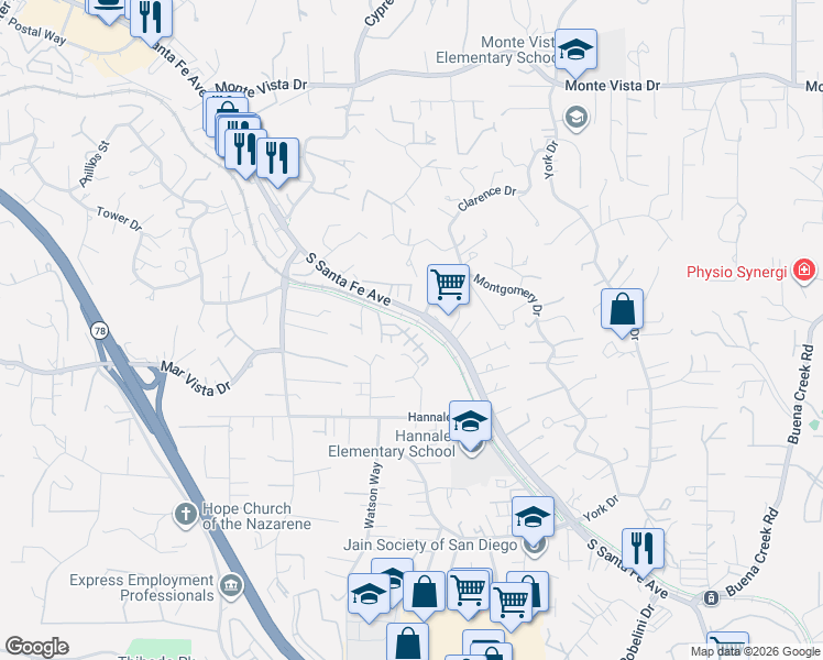 map of restaurants, bars, coffee shops, grocery stores, and more near 1451 South Santa Fe Avenue in Vista