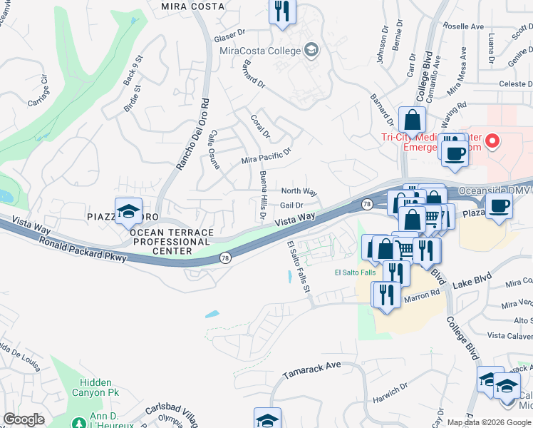 map of restaurants, bars, coffee shops, grocery stores, and more near 3726 Gail Drive in Oceanside