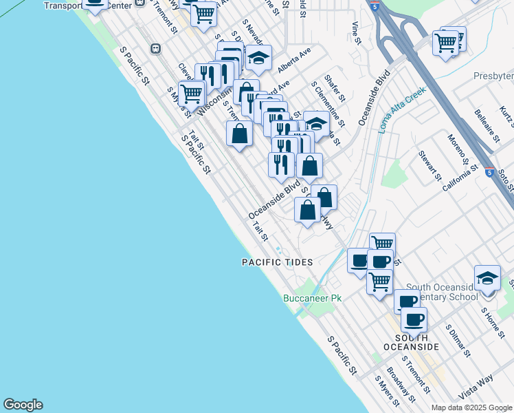 map of restaurants, bars, coffee shops, grocery stores, and more near 1114 South Myers Street in Oceanside