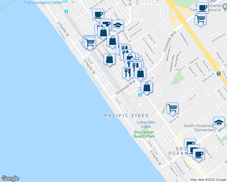map of restaurants, bars, coffee shops, grocery stores, and more near 1114 South Myers Street in Oceanside