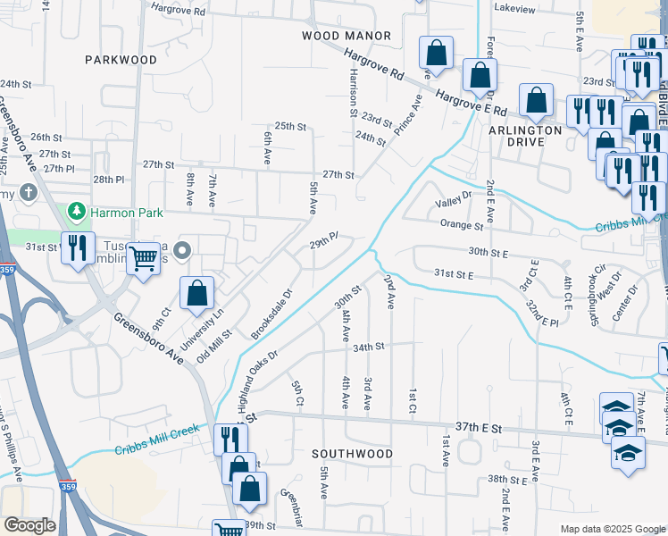 map of restaurants, bars, coffee shops, grocery stores, and more near 421 Brooksdale Drive in Tuscaloosa