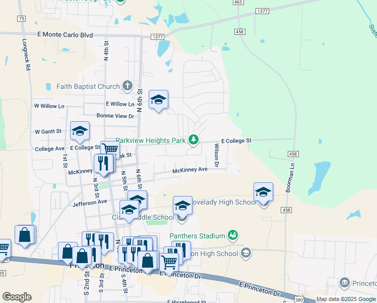 map of restaurants, bars, coffee shops, grocery stores, and more near 1109 Bronner Drive in Princeton