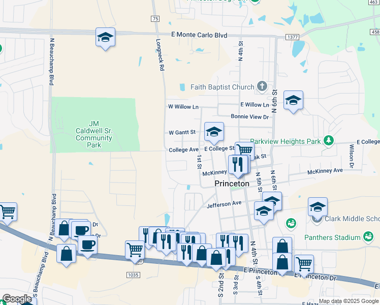 map of restaurants, bars, coffee shops, grocery stores, and more near 100 East College Avenue in Princeton