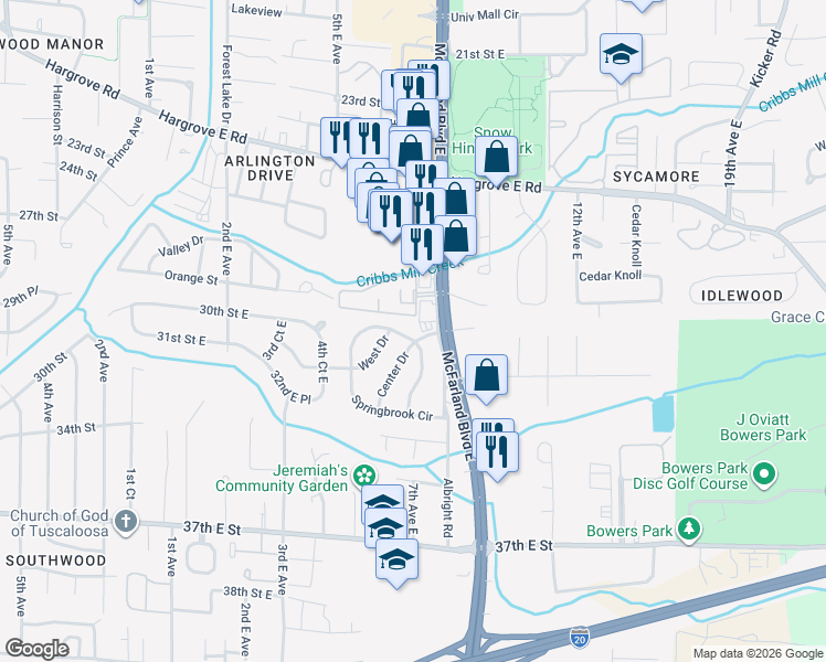 map of restaurants, bars, coffee shops, grocery stores, and more near 2816 McFarland Boulevard East in Tuscaloosa