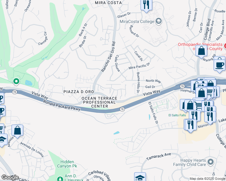 map of restaurants, bars, coffee shops, grocery stores, and more near 3529 Mira Pacific Drive in Oceanside