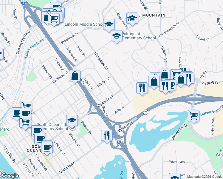 map of restaurants, bars, coffee shops, grocery stores, and more near 1738 Kurtz Street in Oceanside