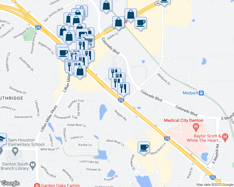 map of restaurants, bars, coffee shops, grocery stores, and more near 2801 Interstate 35 Frontage Rd in Denton